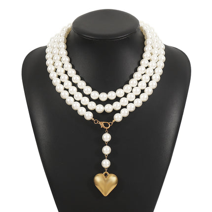 Bohemia Multilayer Long Pearl Chain Necklace Love Heart Pendant