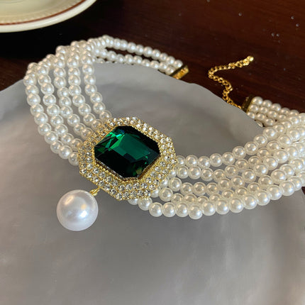 Layered Big Rhinestones Pearl Beads with Green/Red/Transparent Crystal Short Choker Necklace - FASHION SHEGOODS LLC