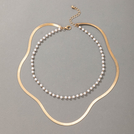 Multilayer Pearl Flat Blade Chain Choker Necklace - FASHION SHEGOODS LLC