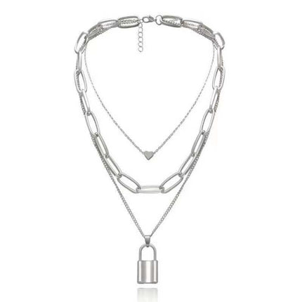 Multi-layer Chain Heart Lock Shaped Pendant Necklace