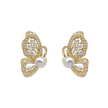 White Butterfly Pearl Stud Earrings for Women