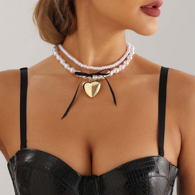 Pearl Bead Neckchain Black Ribbon Bowknot Heart Pendant Necklace - FASHION SHEGOODS LLC