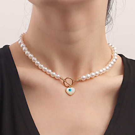 Pearl Beads Chain Necklace Blue Turquoise Heart Pendant Choker - FASHION SHEGOODS LLC