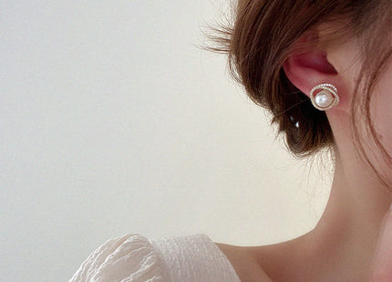 Round Crystal Rhinestone Pearl Stud Earrings
