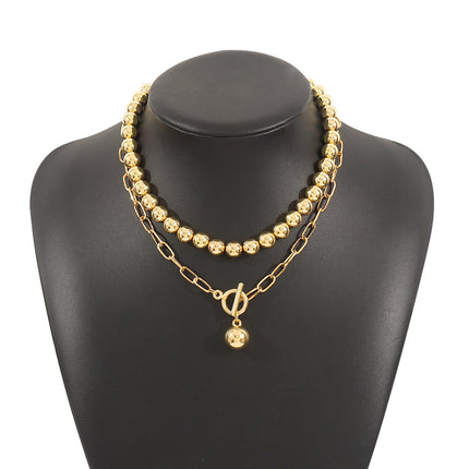 Hip Hop Beaded Set Necklace Geometric OT Buckle Short Ball Pendant Necklace - FASHION SHEGOODS LLC