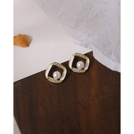 Geometry Hollow Rhinestone Pearl Stud Earrings - FASHION SHEGOODS LLC