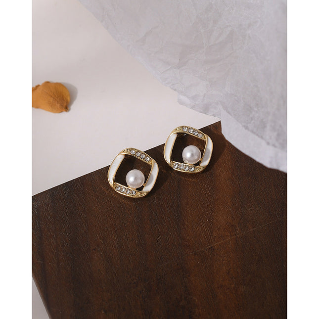 Geometry Hollow Rhinestone Pearl Stud Earrings - FASHION SHEGOODS LLC
