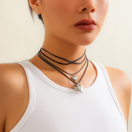 Heart Pendant Black Leather Wax Necklace