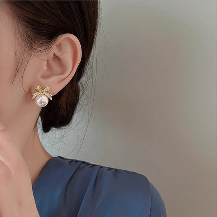 Fashion Bow Rhinestone Pearl Stud Earrings