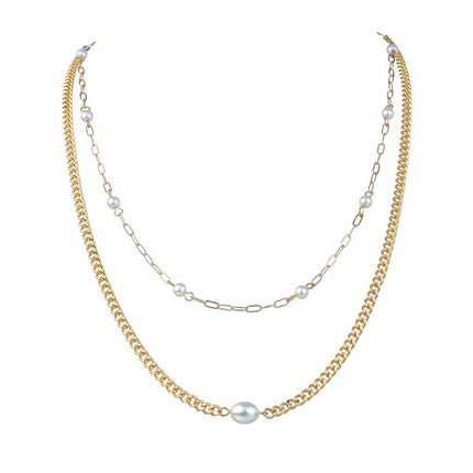Plain Chain Layer Faux Pearl Choker Jewelry Necklace