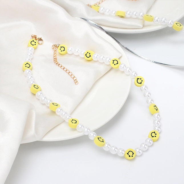 Bohemian Style Smiley Face and White Resin Pearl Necklace