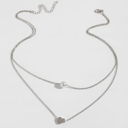 Women Pearl Charm Heart Pendant Double Layer Necklace