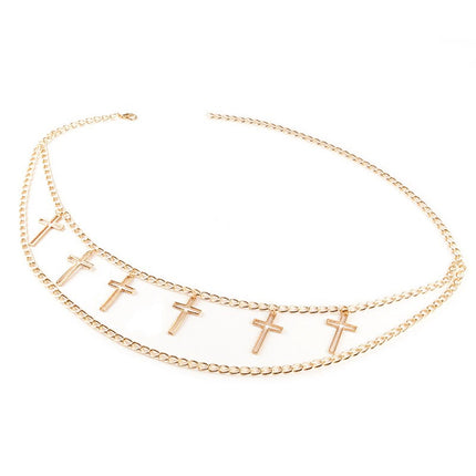 Girls Punk Double Row Waist Chain With Cross Pendant