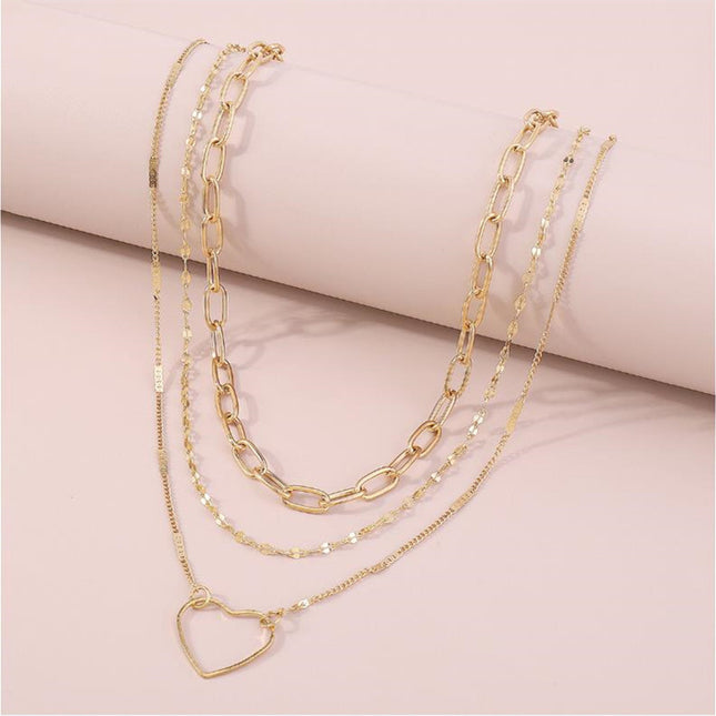 Multi Layers Metallic Chain Hollow Heart Pendant Necklace