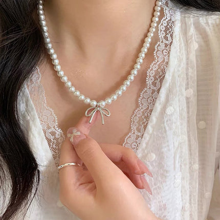 Bow Knot Shape Necklace Women Pearl Beads Necklace