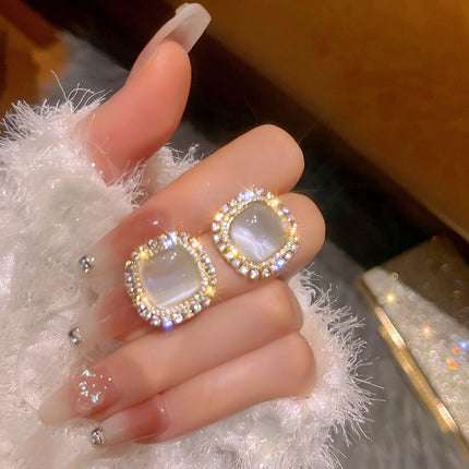 Opal Square Earrings Crystal Rhinestone Geometric Stud Earrings - FASHION SHEGOODS LLC