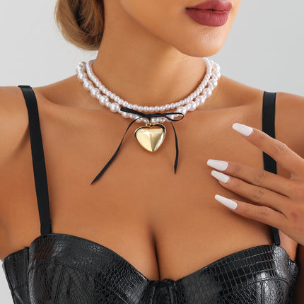 Pearl Bead Neckchain Black Ribbon Bowknot Heart Pendant Necklace - FASHION SHEGOODS LLC