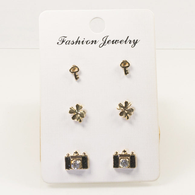 Camera Clover Stud Earrings Set