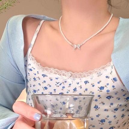 Pearl Chain Choker Necklace for Women Mini Bowknot - FASHION SHEGOODS LLC