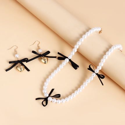 Black Ribbon Bow Necklace Love Pearl Bead
