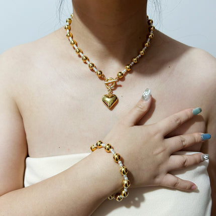 Charms CCB Beaded Peach Heart Necklace Bracelet Set