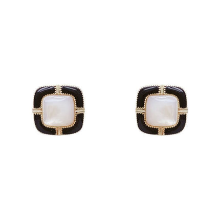 Geometric Enamel Pearl square Stud Earrings