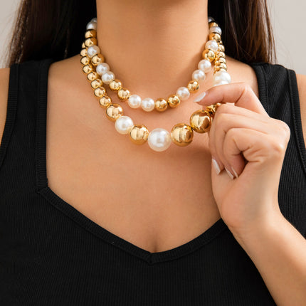 Exaggerated Big Pearl Chunky Heart CCB Round Ball Bead Chain Punk Choker Necklace