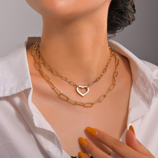 Punk Chunky Choker Double Heart Multi Layer Paper Clip Necklace
