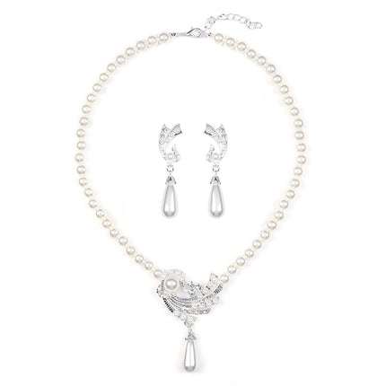 Women Wedding Dress Pearl Earrings Necklace Set