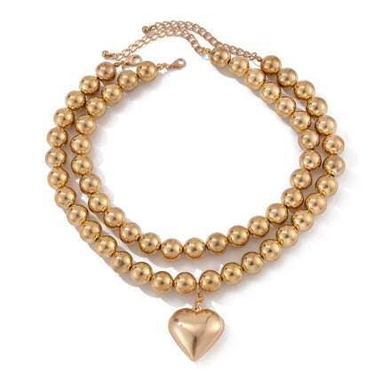 Multi-layer Round Beaded Necklace CCB love Pendent