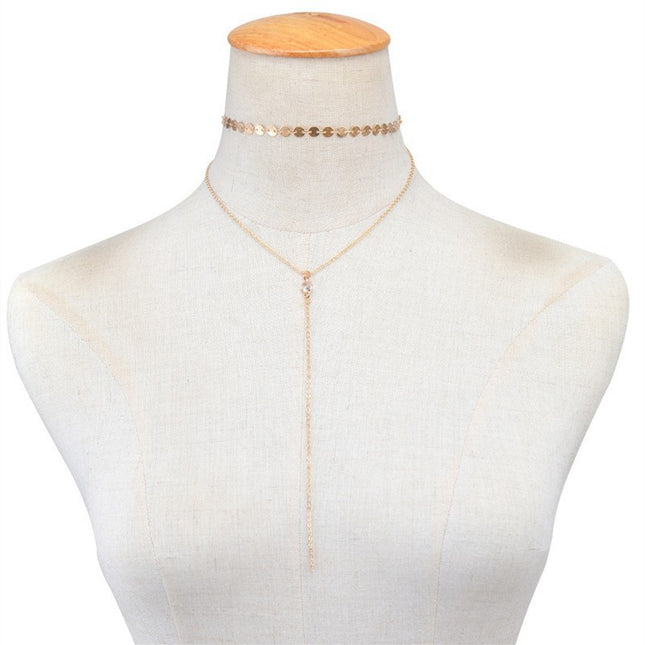 Layer Chain Long Necklace Crystal Pendant - FASHION SHEGOODS LLC