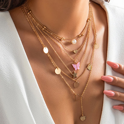 Women Butterfly Tassel Pendant Layered Set Necklace