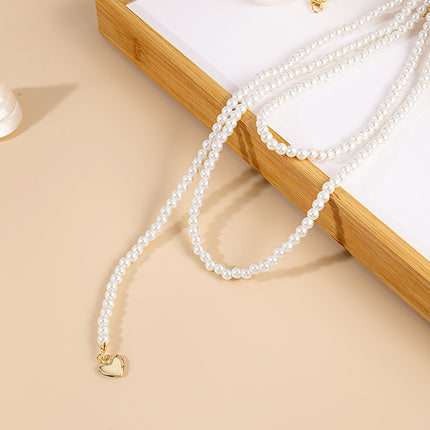 Long Pearls Necklace Layer Beads Heart Pendant Vintage Jewelry - FASHION SHEGOODS LLC