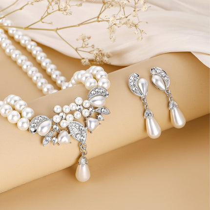 Pearl Crystal Necklace Drop Earrings Jewelry Set