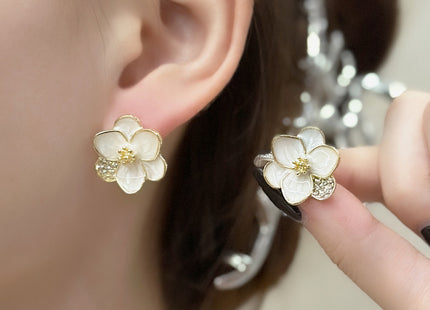 White Enamel Flower Stud Earring