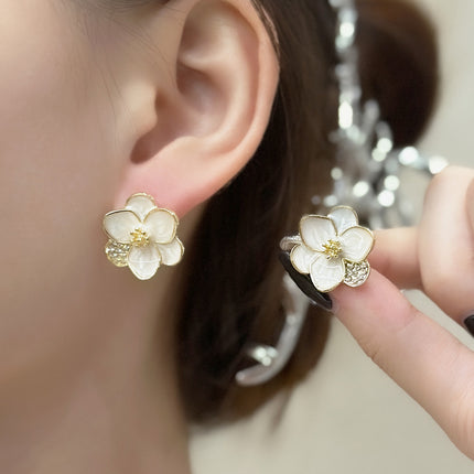 White Enamel Flower Stud Earring