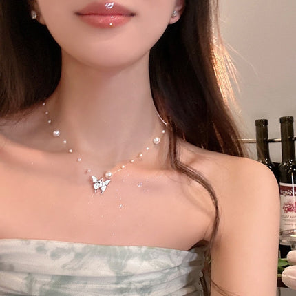 Fashion Silver Pearl butterfly Pendant Necklaces