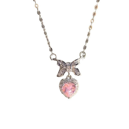 Pink Heart Zircon Bow Pendant Necklaces