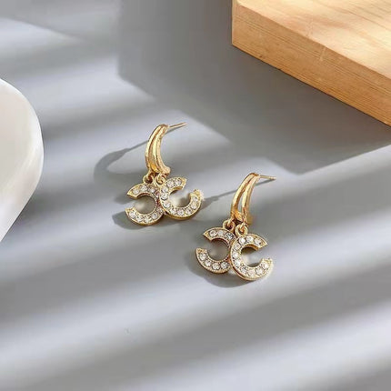Double C Letter Rhinestone Earrings