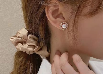 Round Crystal Rhinestone Pearl Stud Earrings