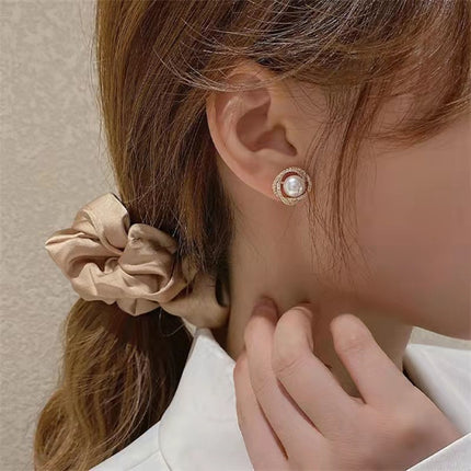 Round Crystal Rhinestone Pearl Stud Earrings