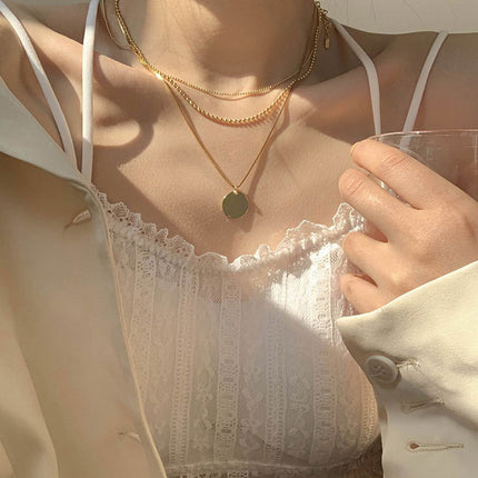 Multi 3 Layers Chain Metallic Metal Round Disc Pendant Necklace - FASHION SHEGOODS LLC