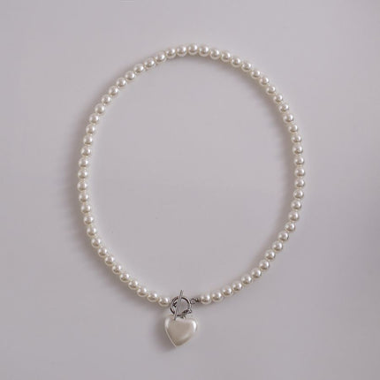 Glass Pearl Love Pendant Necklace with Clavicle Chain - FASHION SHEGOODS LLC