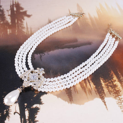 Multi-layered Pearl Necklace Exaggerated Rhinestone Sweet Bride Necklace - FASHION SHEGOODS LLC