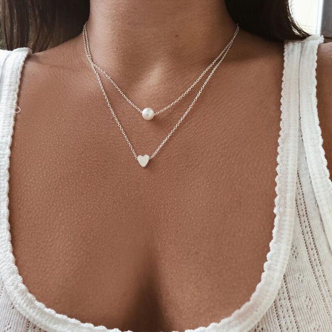 Sweet Double Layered Imitation Pearl Heart Pendant Necklace