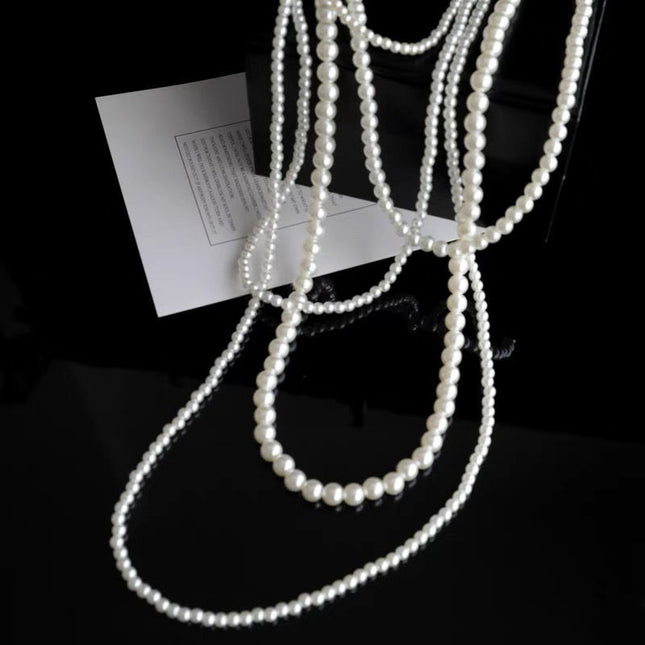 Multilayer Faux Pearl Necklace Long Sweater Chain Necklace for Women Girls Vintage Bridal Jewelry