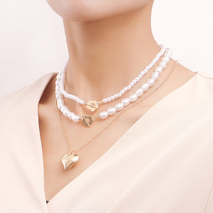 Multi-layer Pearl Necklace Exaggerated Double Layer Gold Heart Pendant Necklace - FASHION SHEGOODS LLC
