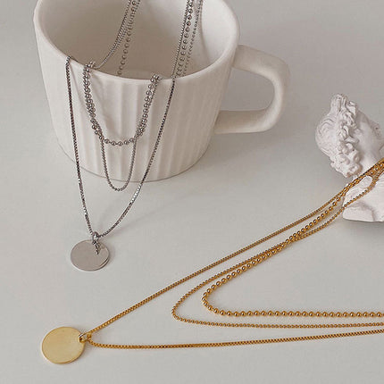 Multi 3 Layers Chain Metallic Metal Round Disc Pendant Necklace - FASHION SHEGOODS LLC