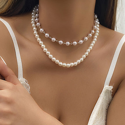 Simple Charming Braided Two Layer Round White Faux Pearl Necklace