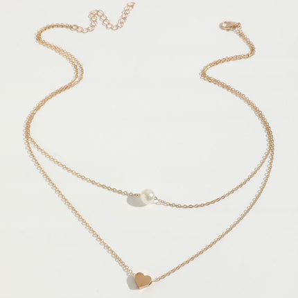 Women Pearl Charm Heart Pendant Double Layer Necklace